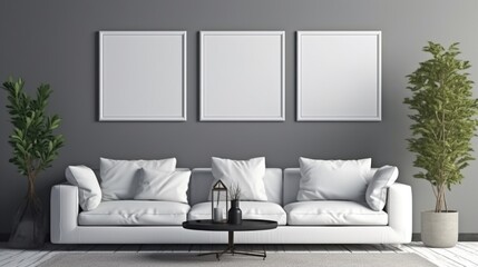 White sofa and posters, frames on gray wall. Interior design of modern living room