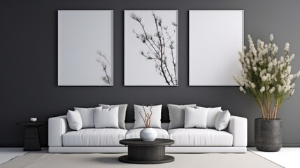 White sofa and posters, frames on gray wall. Interior design of modern living room