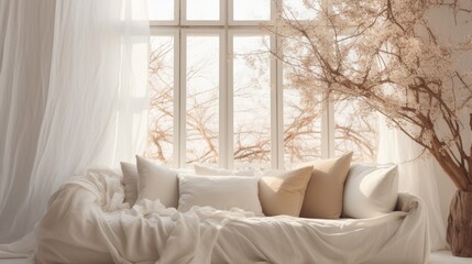 White sofa covered with wrinkled fabric against of window. Boho interior design of modern living room.