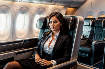 Fototapeta na wymiar Luxurious Travel Experience: Passenger in First Class Airplane Seat