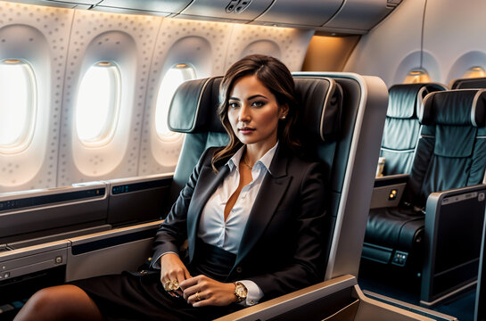 Luxurious Travel Experience: Passenger in First Class Airplane Seat