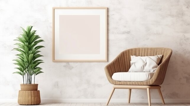 Wicker chair and floor vases near white wall with blank mockup poster frame. Boho interior design of modern living room