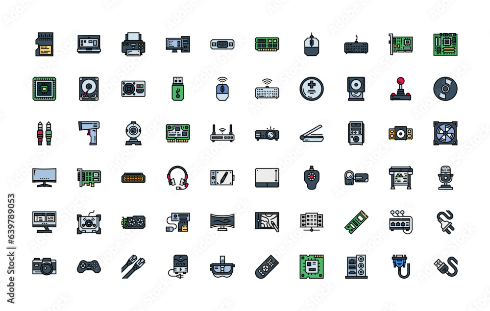 Poster computer component, hardware, electronic vector icon set design color outline style. perfect use for