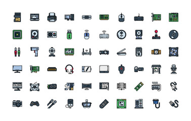 computer component, hardware, electronic vector icon set design color outline style. perfect use for logo, presentation, website, and more. simple modern icon set design filled line style