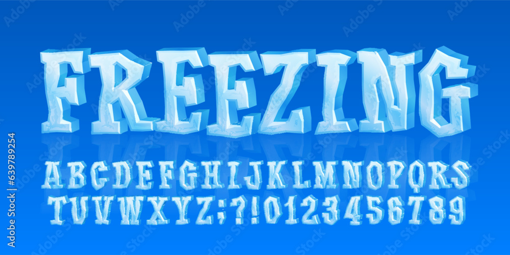Poster freezing alphabet font. 3d cartoon ice letters and numbers. stock vector typeface for your typograph