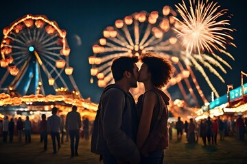 Obraz premium silhouette of a couple at a county fair at night watching fireworks