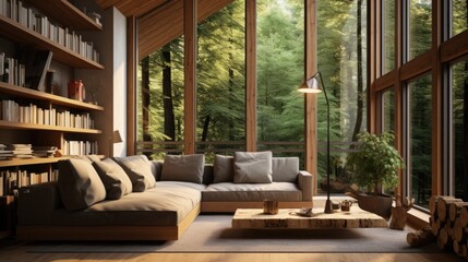 Wooden house in forest, Interior design of modern living room with wooden lining
