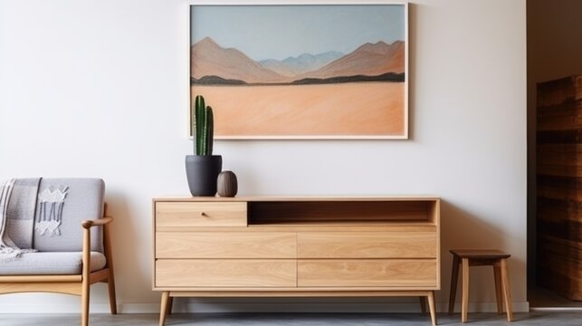 Wooden dresser with home decor and art poster on it. Interior design of modern living room