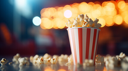 background hot popcorn theme cinema, view in the cinema hall, cinematic lighting