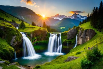Describe a picturesque waterfall cascading down a lush green valley