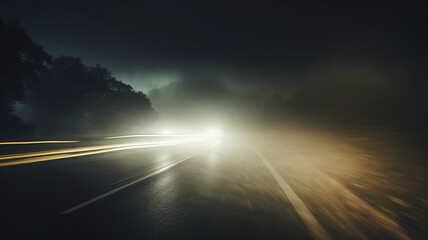 autumn fog on a wet night road in the headlights of a car, autumn dangerous driving weather, fog in the light of a car - obrazy, fototapety, plakaty