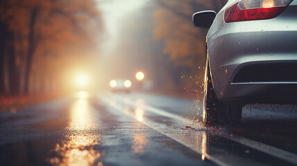 car luminous fog lamp close-up, autumn wet road in the weather rain and fog, leaf fall in yellow tones, the road in the headlights - obrazy, fototapety, plakaty