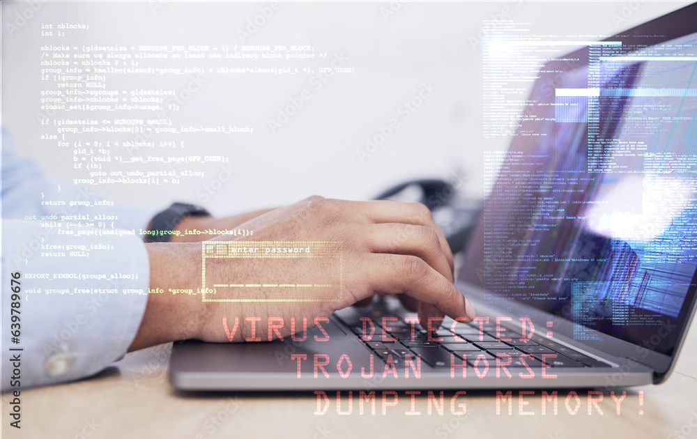 Poster Coding, laptop with virus and hands, cybersecurity and programmer typing, person and software update. Malware safety, information technology and code with upgrade, ransomware and programming overlay