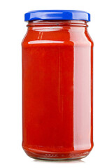 Tomato sauce jar isolated on white background, full depth of field. File contains clipping path. Design element.