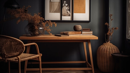 Aesthetic composition of living room interior with mock up poster frame, wooden desk, rattan chair, black rack, vase with branch, books, brown wall and office accessories. Home decor.