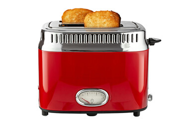 Modern red toaster with toasted bread for breakfast inside, isolated on white background. File contains clipping path.