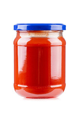 Tomato sauce jar isolated on white background, full depth of field. File contains clipping path. Design element.
