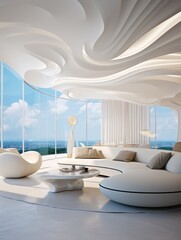 Abstract wavy ceiling in futuristic interior design of modern living room