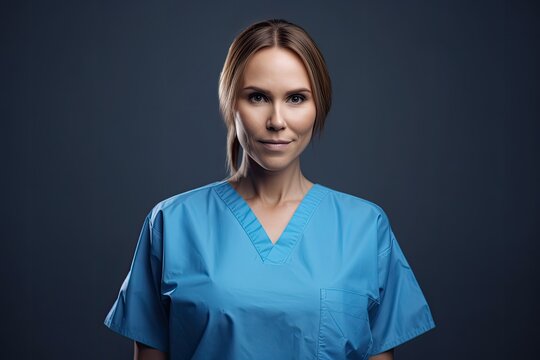 Studio portrait of adult nurse in medical scrubs. Photo generative AI