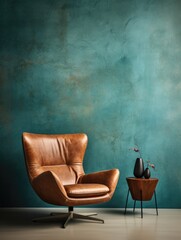 Beige leather armchair near dark turquoise venetian plaster wall