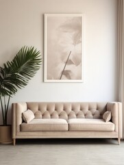 Beige tufted velvet sofa and mock up frame on the wall. Interior design of modern living room