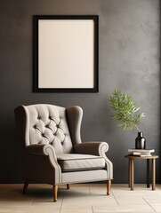 Beige wing chair and big mock up poster near dark gray wall. Interior design of modern living room