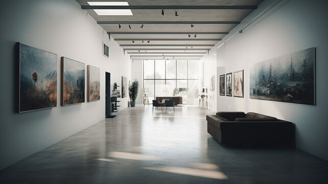 An art gallery with beautiful paintings displayed on minimalist white walls.
