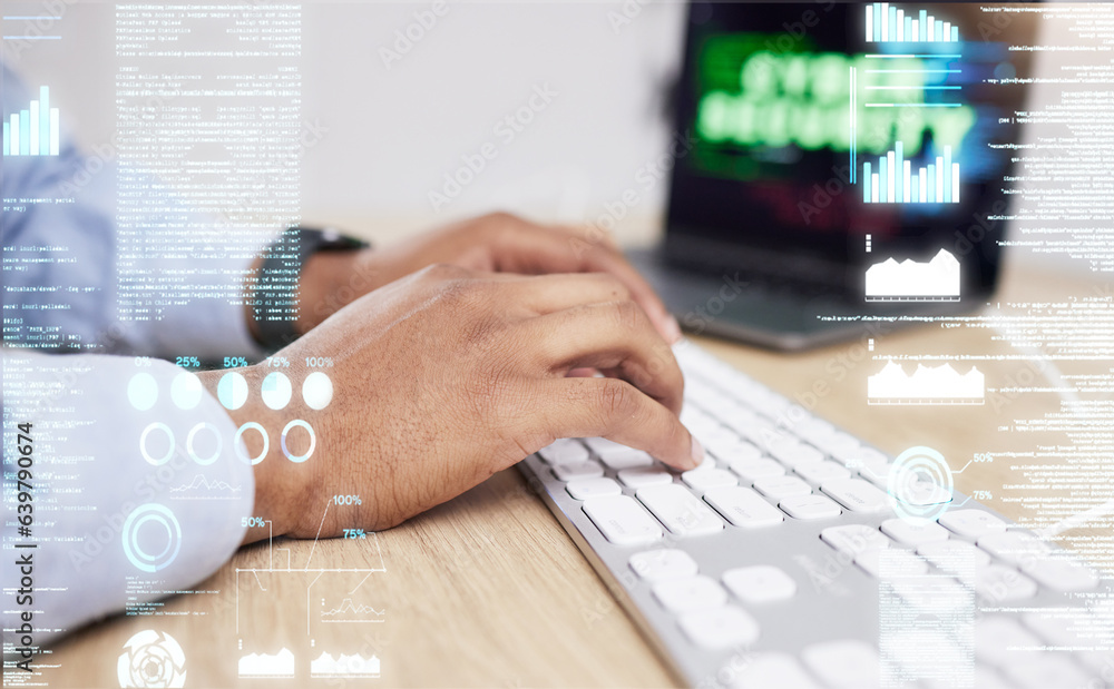 Aufkleber Laptop, hologram and hands of business person in office for networking, website ui and digital overlay. Cybersecurity, programming and worker on computer for user interface, coding software and data