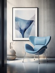 Blue armchair and big art poster on white wall. Mid century style
