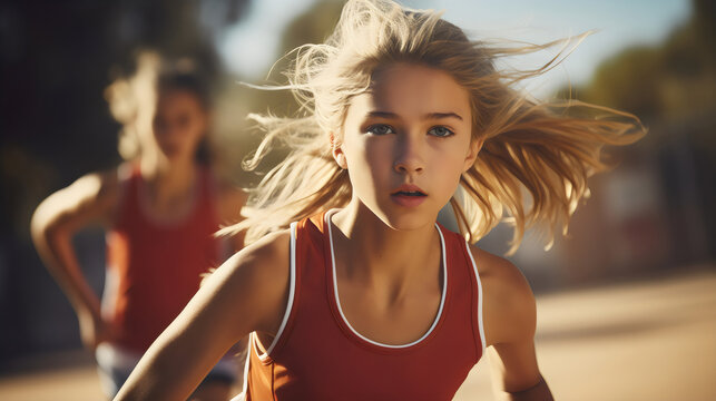blonde girl playing team sport in sunshine