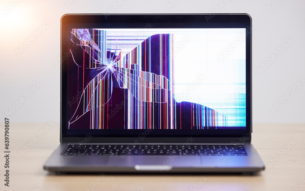 Poster screen crack, glitch and laptop problem with error, mistake and system warning with tech break. isol