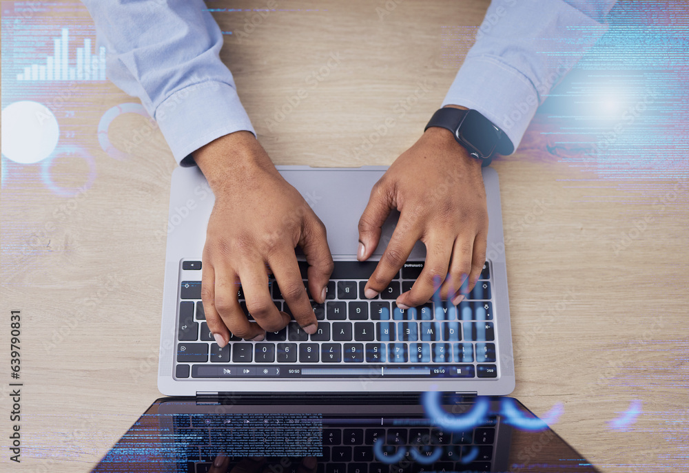 Aufkleber Laptop, top view and business hands of hologram in office for networking, website ui and digital data. Cybersecurity, programming and worker person on computer for user interface, coding or software