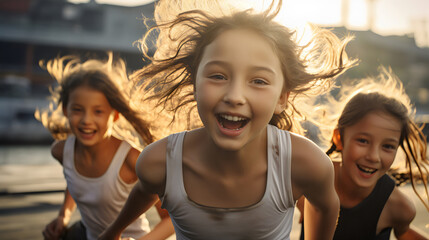 three girls running and playing in sunshine