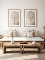 Fototapeta na wymiar Boho interior design of modern living room with blank frames and wooden bench