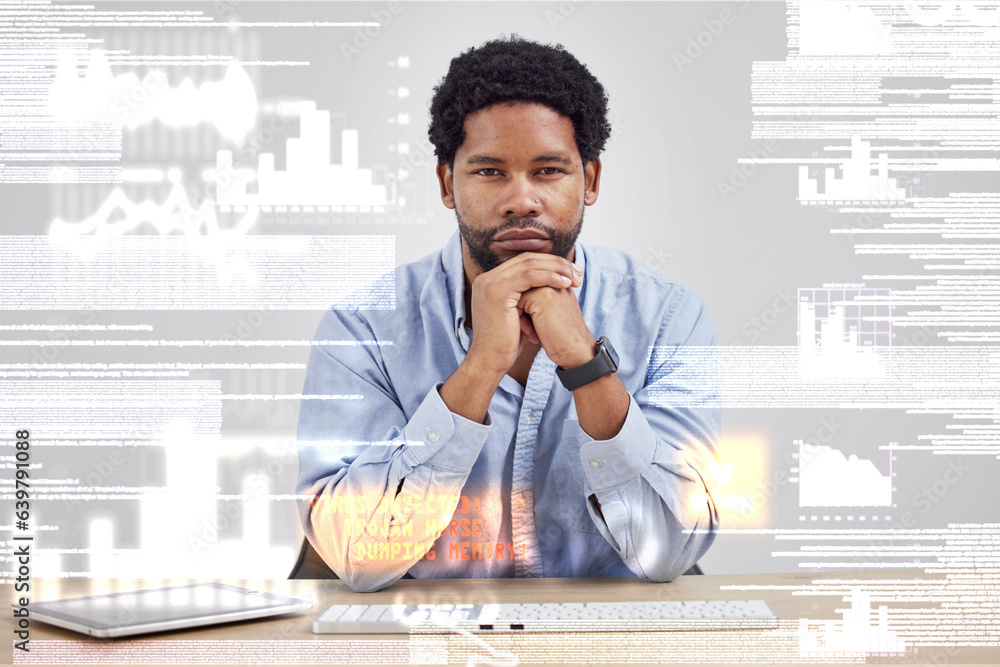 Poster Black man, portrait and dashboard, coding and hologram, cybersecurity, information technology and software overlay. Malware, analytics and programming with ransomware, code and computer system update