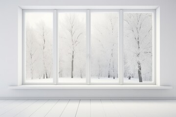 Big windows closeup with winter landscape. Generated AI.