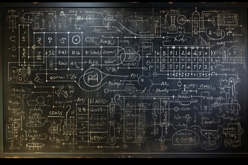 Black chalkboard inscribed with scientific formulas. Abstract, Desk, back to school theme