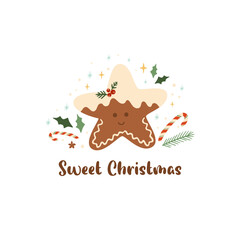 Sweet Christmas card with tasty Christmas cookie, gingerbread star dessert. Baking symbol. Vector winter holiday decorative element. Happy New Year greeting illustration, cute card, funny star.