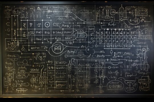 Black chalkboard inscribed with scientific formulas. Abstract, Desk, back to school theme