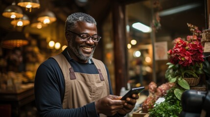 Fototapeta premium A small business owner in Africa uses tap-to-pay technology for card payments, with a customer tapping the back of the phone with a card