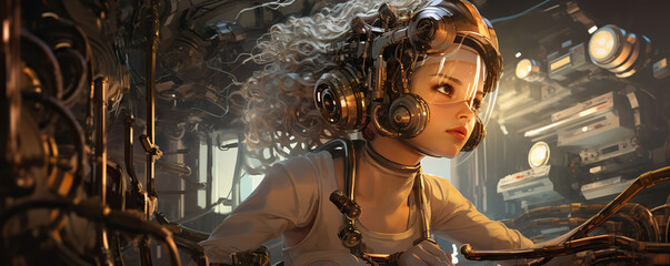 Young female humanoid head is connected to a super computer, symbolizing artificial intelligence. Futuristic illustration of the relationship between humans and neural networks. Copy space