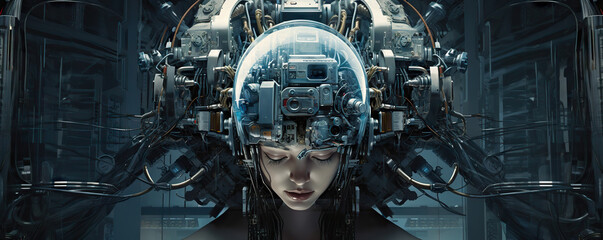 Young female humanoid head is connected to a super computer, symbolizing artificial intelligence. Futuristic illustration of the relationship between humans and neural networks. Copy space