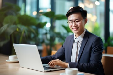 Young smiling asian business man employee or student sitting at the desk with laptop