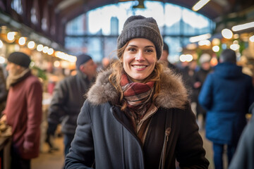 Young adult woman wearing a coat and scarf, posing happily in a winter marketplace