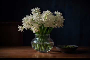 A round vase filled with Tuberose at the table