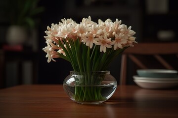 A round vase filled with Tuberose at the table