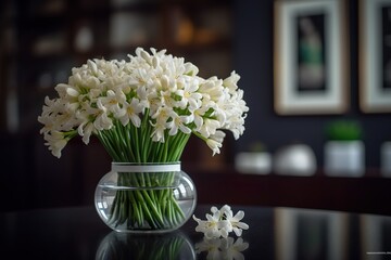 A round vase filled with Tuberose at the table