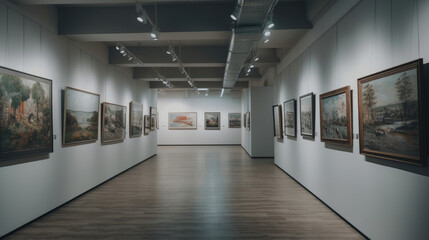 An art gallery with beautiful paintings displayed on minimalist white walls.