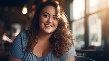 Portrait of a beautiful chubby young woman drinking a cup of coffee in a cafe or canteen. A plus-size young plump lady with an curly hairstyle is stylishly dressed sitting in a cafe. Generative ai - obrazy, fototapety, plakaty