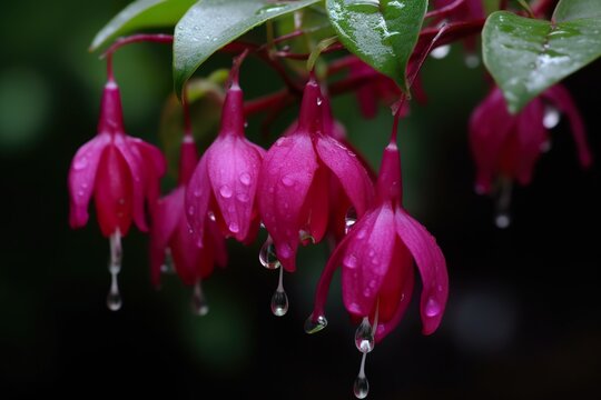 Fuchsia flowers with raindrops. Close-up image